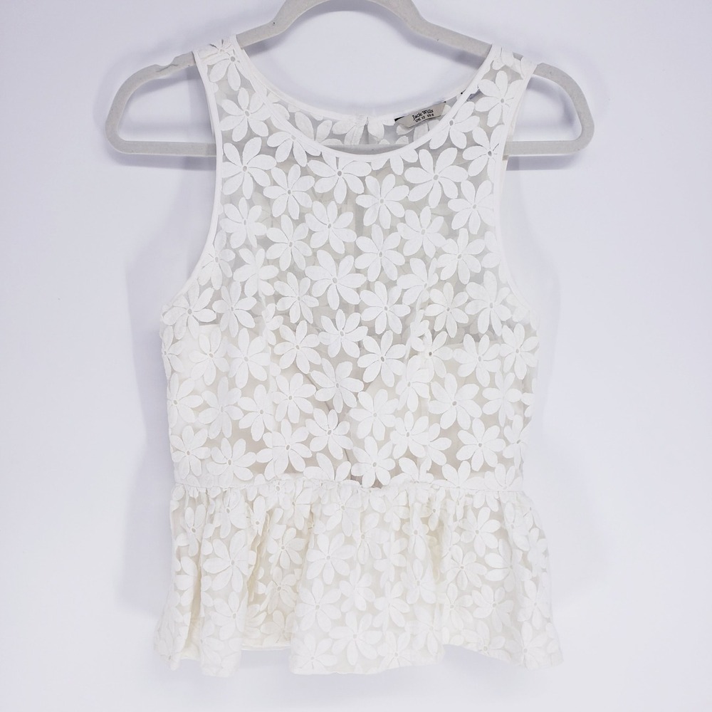 Jack Wills Embroidered Floral Daisy Lace Peplum Top Women Sz 8 White Sleeveless